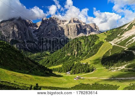 high Badia Valley on background Sella mount Alto Adige Italy