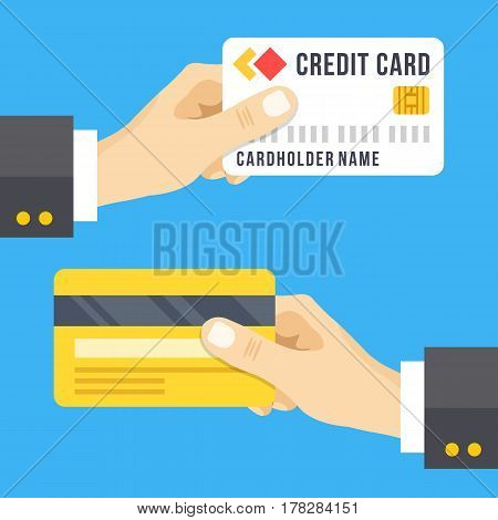 Hand holding credit card set. Credit card front and back, face and reverse sides. Business, finance concepts. Modern flat design graphic elements. Vector illustration isolated on blue background