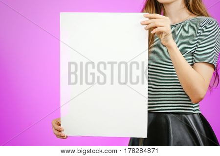 Woman Showing Blank White Big A2 Paper. Leaflet Presentation. Pamphlet Hold Hands. Girl Show Clear O