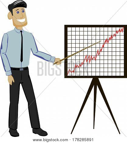 Businessman holding a presentation points to a graph. Vector illustration