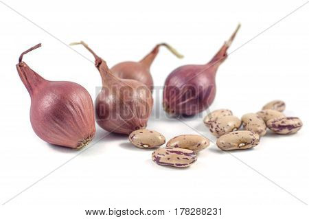 Colorful Beans And Onion Isolated On White Background