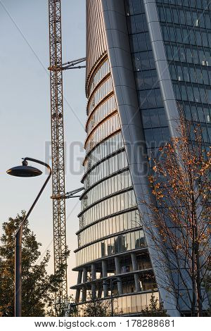 MILAN, ITALY - NOVEMBER 7, 2016: Milan (Lombardy Italy): modern glass skyscraper in Citylife (Tre Torri) known as the Generali building