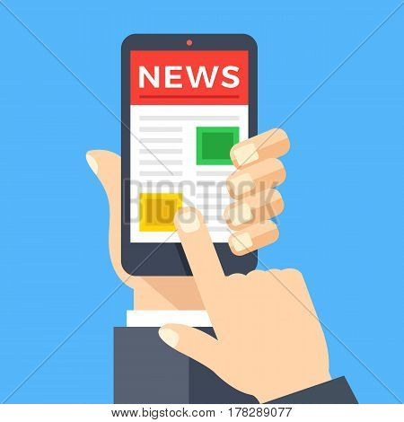 Mobile news app on smartphone screen. News reader, newspaper website concepts. Hand holding smartphone, finger touching screen. Modern flat design graphic elements. Creative vector illustration