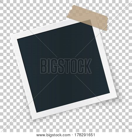 Square rotated image frame concept, single isolated object sticked with beige tape pieces on transparent background. Vector detailed illustration edge for images and pictures.