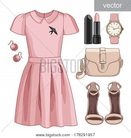 Lady fashion set of spring, summer season outfit. Illustration stylish and trendy clothing. Dress, bag, accessories, sunglasses, high heel shoes. Vector.