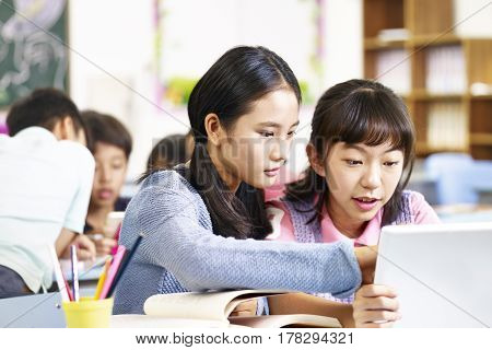two asian elementary school girls using tablet computer while working in group.