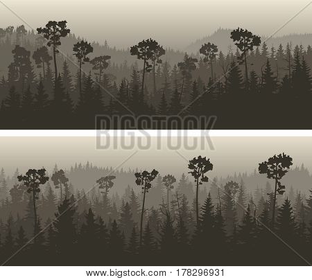 Set of horizontal wide banners coniferous foggy forest in the hills in dark tones.