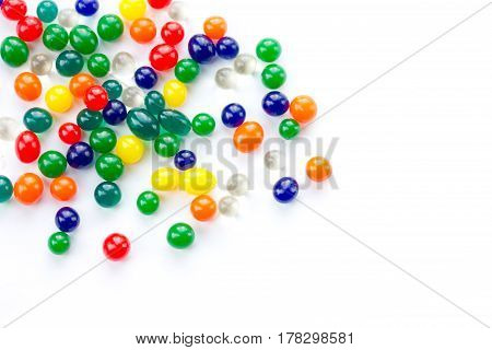 Color balls colored polymer gel hydrogel beads isolated on white background