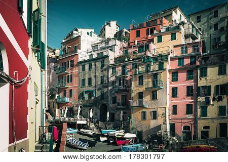 Colour archicture of Riomaggiore town in Cinque Terre National park, Italy