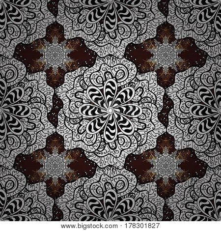 Vector illustration. Seamless pattern medieval floral royal pattern. Decorative symmetry arabesque. Gold on brown background. Good for greeting card for birthday invitation or banner.