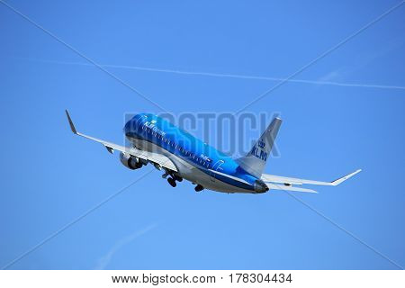 Amsterdam the Netherlands - March 25th 2017: PH-EXK KLM Cityhopper Embraer ERJ-175 takeoff from Polderbaan runway.