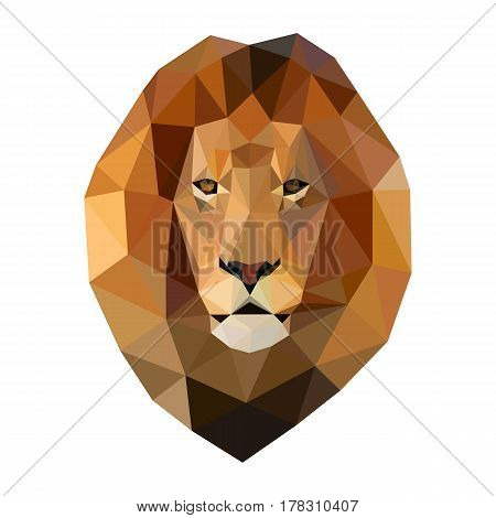 Isolated head of lion composed of triangles on white background.