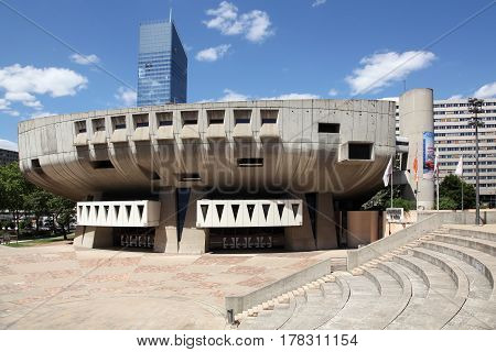 Lyon, France - July 28 2015: The auditorium in Lyon with the Incity tower, the highest skyscraper in the district of La Part Dieu in the 3rd arrondissement of Lyon, France