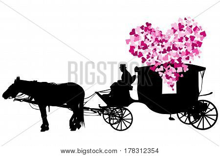Love carriage with pink hearts on white background