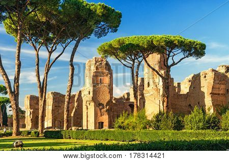 The ruins of the Baths of Caracalla ancient roman public baths in Rome, Italy
