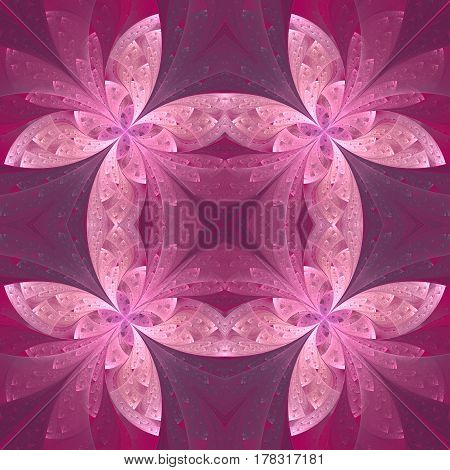 Beautiful symmetrical pattern in stained-glass window style. Pink and purple. Artwork for creative design art and entertainment.