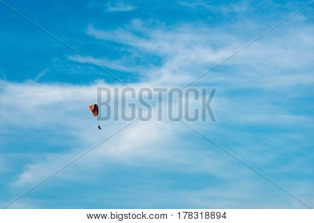 Man Ride Paramotor Flying In The Sky