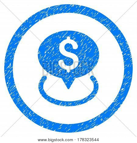 Bank Location grainy textured icon inside circle for overlay watermark stamps. Flat symbol with dust texture. Circled vector blue rubber seal stamp with grunge design.
