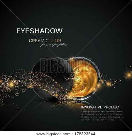 Beauty eye shadows or blusher ad. Cosmetic package design. 3d vector illustration. Glamorous golden eyeshadows or cheek blush jar with golden glitter wave. Product package mock-up for fashion magazine