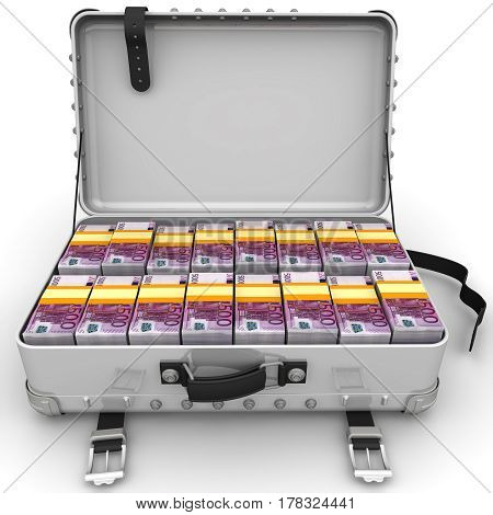 Suitcase full of money. A suitcase filled with bundles of euros. Isolated. 3D Illustration
