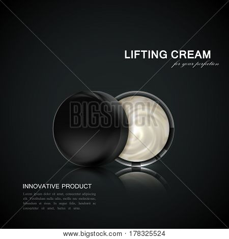 Lifting facial cream ads poster template. Cosmetics package design. 3d vector illustration. Hydrating facial lifting cream and glass jar isolated on black reflective background. Beauty package mock-up