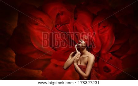 Woman Fantasy Fashion Model with Red Blindfold Silk Fabric Touching Face Flowing Waving Art Cloth Background