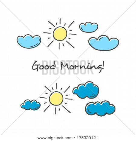 Sun and clouds hand drawn color icon set