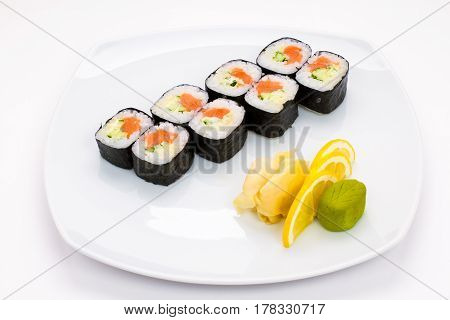 sushi plate with sushi, white background, sushi set
