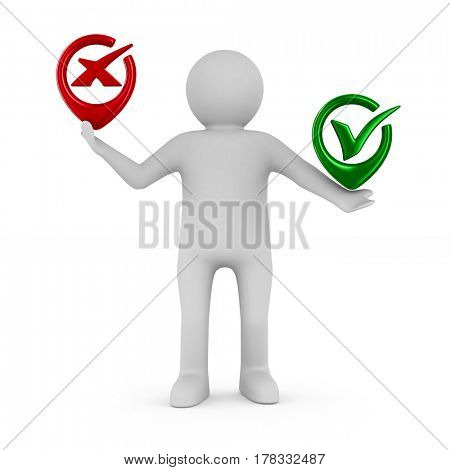 Man with symbols yes and No. Isolated 3D image 