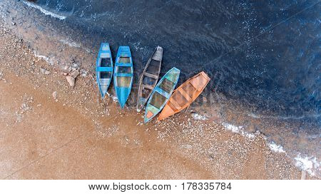 Fishing boat. The beautiful water in a good day.Aerial view.Top view.