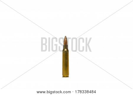 5.56x45mm NATO intermediate cartridges isolated on white background.