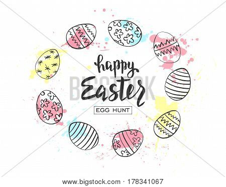 Happy Easter egg hunt vector illustration. Holiday banner design with hand drawn eggs and watercolor blots. Hand drawn lettering.