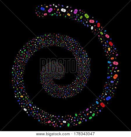 Discount Tag fireworks whirl spiral. Vector bright multicolored scattered symbols.