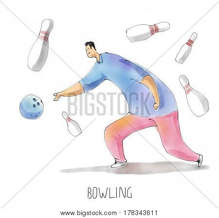 Bowling plater. Sport set. Watercolor sketch drawing illustration.