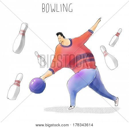 Bowling plater. Sport set. Watercolor sketch drawing illustration.