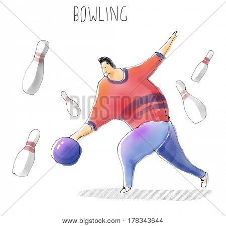 Bowling plater. Sport set. Watercolor sketch drawing illustration.