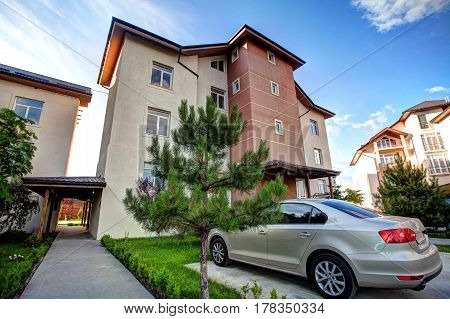 Country Town House, The Yard, There Are Cars In The Evening