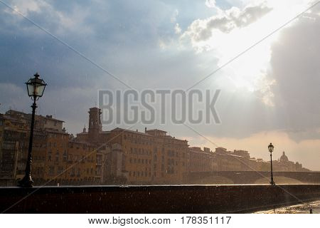 Florence City In Italy In The Rain. Beautiful Sky And Sun
