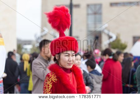 Shymkent, KAZAKHSTAN - 22 March 2017: Celebration of the Kazakh holiday NARIYZ. People in national costumes .