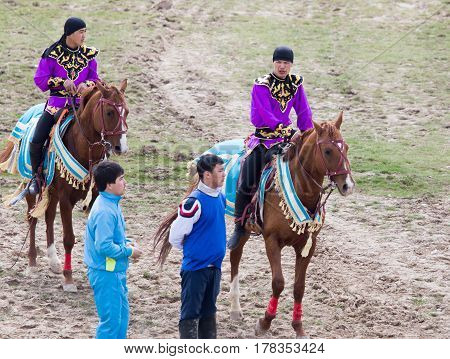 Shymkent, KAZAKHSTAN - 22 March 2017: Celebration of the Kazakh holiday NARIYZ. Competitions on horses .