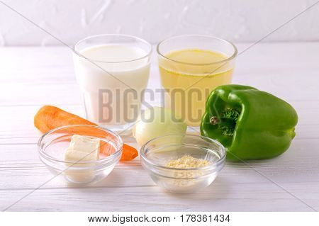 Ingredients. Bell Pepper, Carrot, Onion, Boullion, Milk, Fleur, Butter