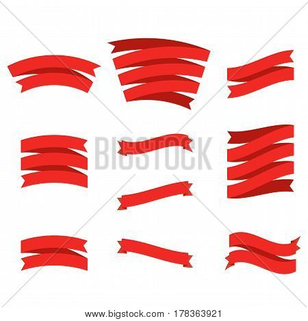 Red ribbons set in flat design style. Decoration elements for graphic design