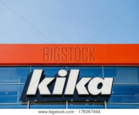 BUCHAREST, ROMANIA - APR 1, 2016: Large Kika logotype above the entrance facade of the furniture and household store.
