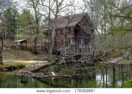 Childersburg Alabama USA - March 25 2017: Springtime at Kymulga Park. Kymulga Grist Mill on the banks of Talledega Creek is orginal to the Civil War period.