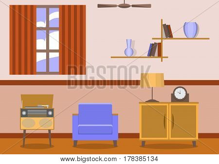 Retro vintage living room interior. Flat style set of vector objects.