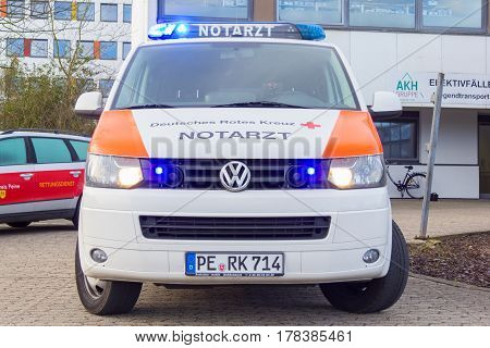 PEINE / GERMANY - MARCH 20 2017: german emergency doctor ( notarzt ) car stands on a hospital