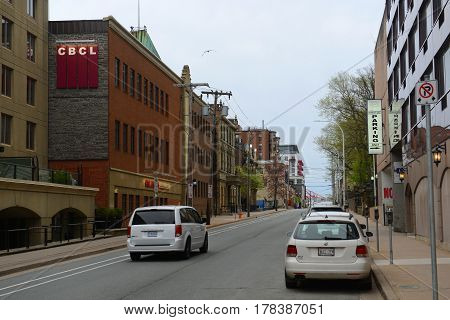 HALIFAX, NS, CANADA - MAY 22, 2016: Historic Hollis Street near Salter Street in downtown Halifax, Nova Scotia, Canada.