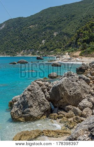 Panoramic view of Agios Nikitas Beach with blue waters, Lefkada, Ionian Islands, Greece