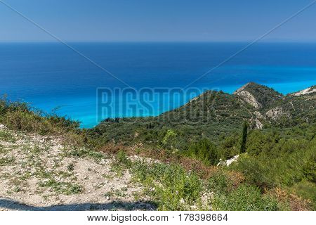 Panoramic landscape with blue waters, Lefkada, Ionian Islands, Greece