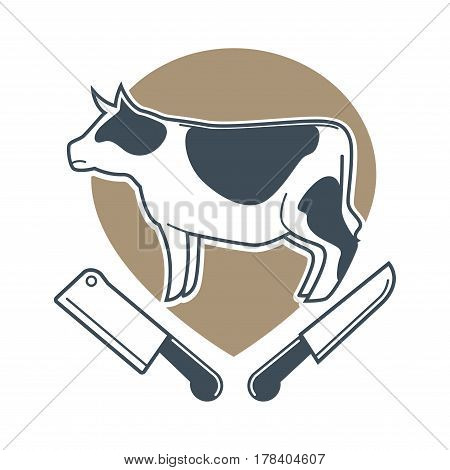 Butcher template logotype sign with white spotty cow and two meat knives under. Colorful label with big bossy and sharp elements for cutting beef. Animal product badge vector flat illustration